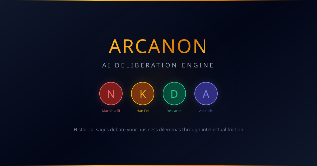 Screenshot of Arcanon, Six AI philosophers debate your dilemma to surface blind spots